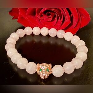 Rose Quartz Stretch Bracelet with Rose Gold Leopard Charm, NWOT